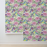 Pink Floral Zinnia Flowers Purple Pansies Birds 