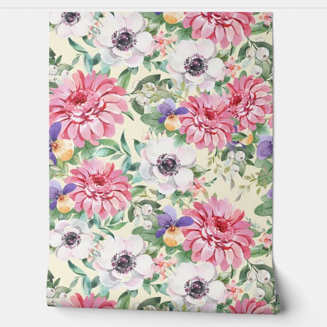 Pink Floral Zinnias White Poppies Pansies Greenery Wallpaper (Unrolling)