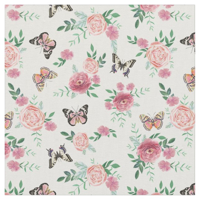 Pink Florals and Butterflies Fabric (Close Up)