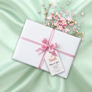 Pink florals and gold cross girl baptism Thank You Gift Tags
