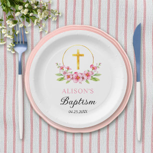 Pink florals and gold cross girl floral baptism paper plate