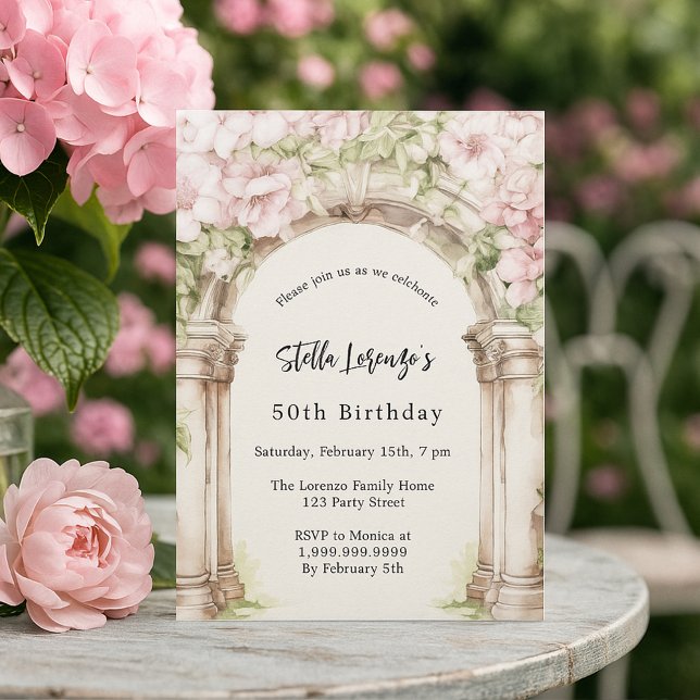 Pink florals arch beige birthday invitation (Creator Uploaded)