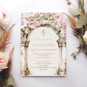 Pink florals arch beige First Communion rose gold