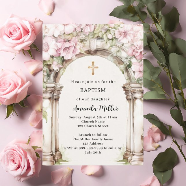 Pink florals arch beige girl Baptism Invitation (Creator Uploaded)