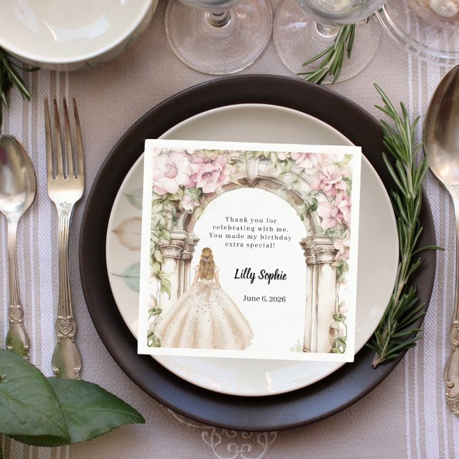 Pink florals arch dress birthday napkin (Creator Uploaded)
