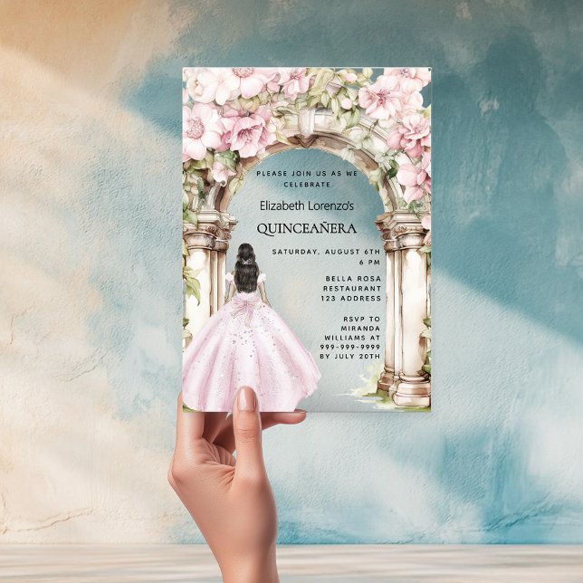 Pink florals arch dress clear Quinceanera Acrylic Invitations (Creator Uploaded)