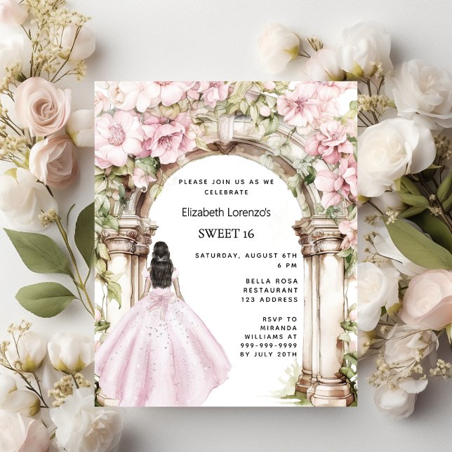 Pink florals arch dress Sweet 16 invitation (Creator Uploaded)