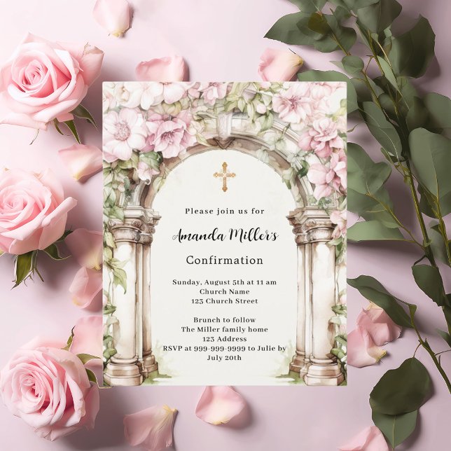 Pink florals arch girl Confirmation invitation (Creator Uploaded)