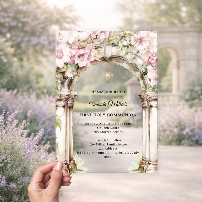Pink florals arch girl First Communion clear Acrylic Invitations (Creator Uploaded)