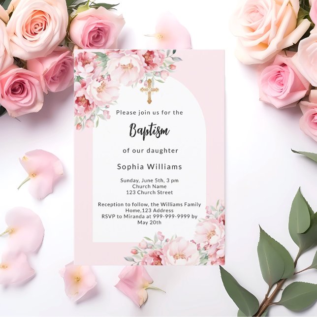 Pink florals arch gold cross girl baptism invitation (Creator Uploaded)