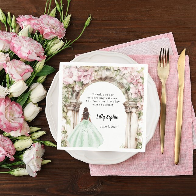 Pink florals arch green dress birthday napkin (Creator Uploaded)