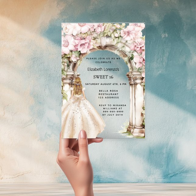 Pink florals arch white dress clear Sweet 16 Acrylic Invitations (Creator Uploaded)