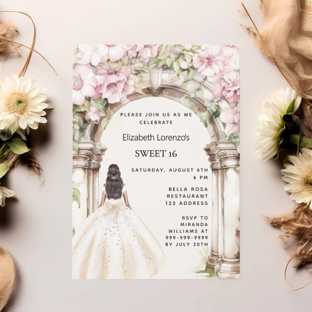 Pink florals arch white dress Sweet 16 Invitation (Creator Uploaded)