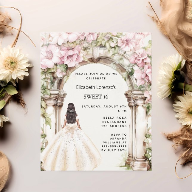 Pink florals arch white dress Sweet 16 invitation (Creator Uploaded)