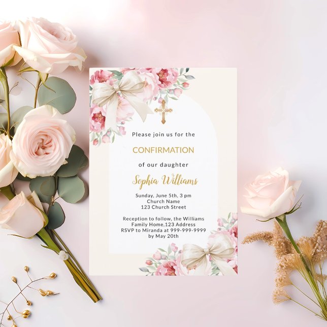 Pink florals bow arch beige Confirmation Invitation (Creator Uploaded)