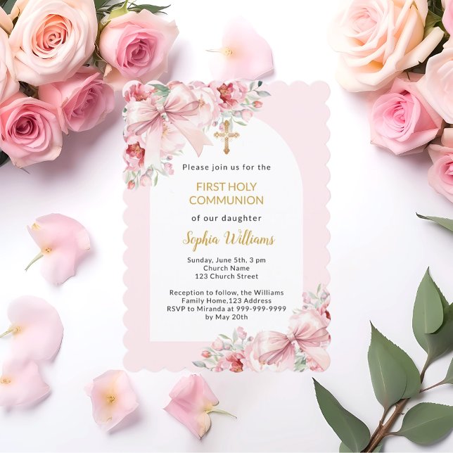 Pink florals bow arch First Communion Invitation (Creator Uploaded)