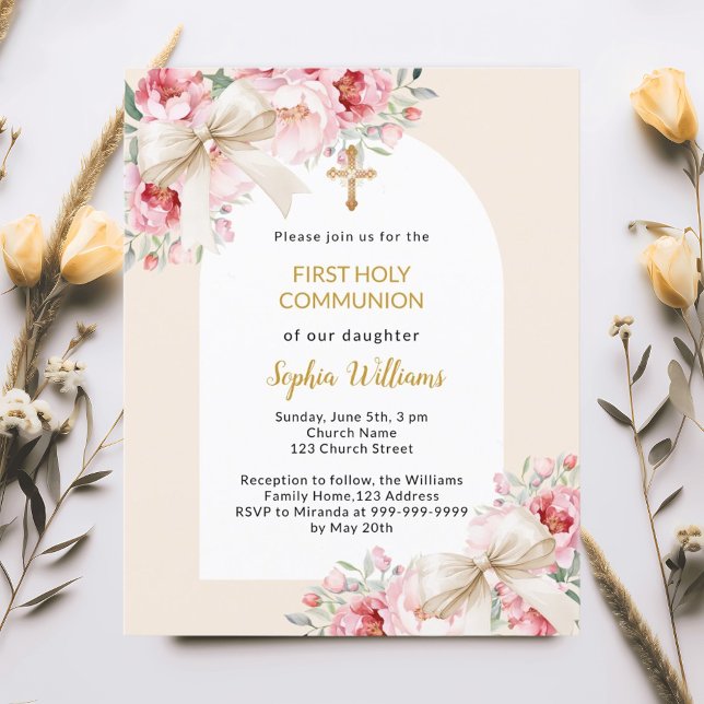 Pink florals bow arch First Communion invitation (Creator Uploaded)