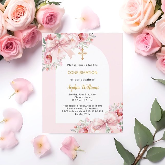 Pink florals bow arch girl Confirmation invitation (Creator Uploaded)