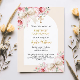 Pink florals bow arch girl First Communion Invitation