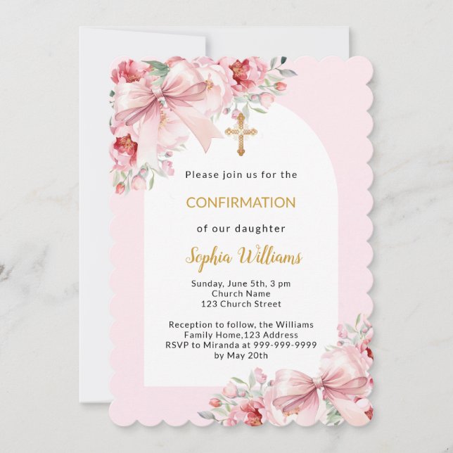 Pink florals bow girl arch Confirmation Invitation (Front)