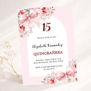 Pink florals bows arch luxury Quinceanera Invitation