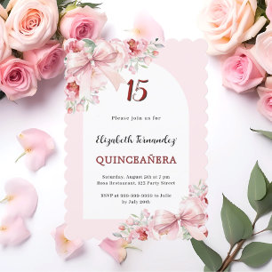 Pink florals bows arch Quinceanera scalloped Invitation