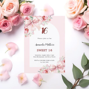 Pink florals bows arch Sweet 16 Invitation