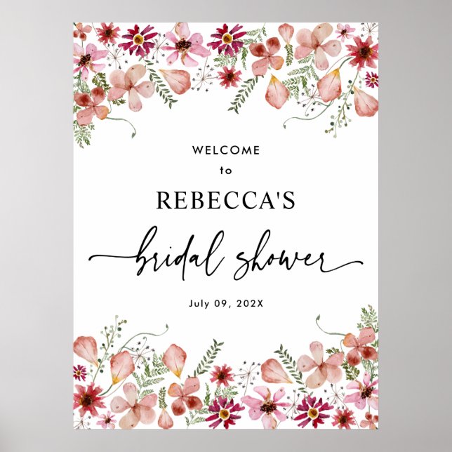 Pink Florals Bridal Shower Welcome Sign Poster (Front)
