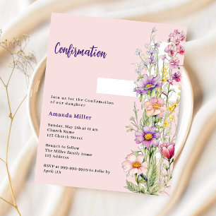 Pink florals cross girl Confirmation invitation
