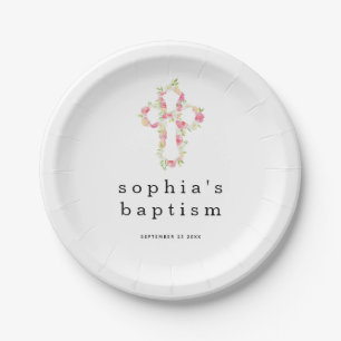 Pink Florals Cross Name Date Girl Baptism Paper Pl Paper Plate