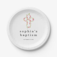 Pink Florals Cross Name Date Girl Baptism Paper Pl