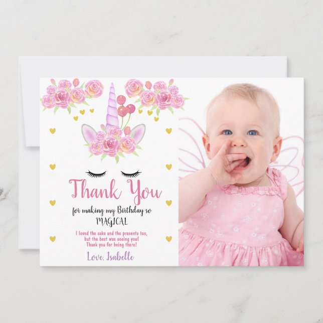 Pink Florals Cute Unicorn  Photo Birthday Thank You Card (Front)