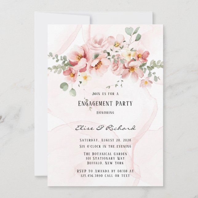 Pink Florals Elegant Eucalyptus Engagement Party Invitation (Front)
