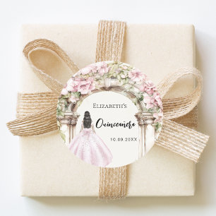 Pink florals garden marble arch dress Quinceanera Classic Round Sticker