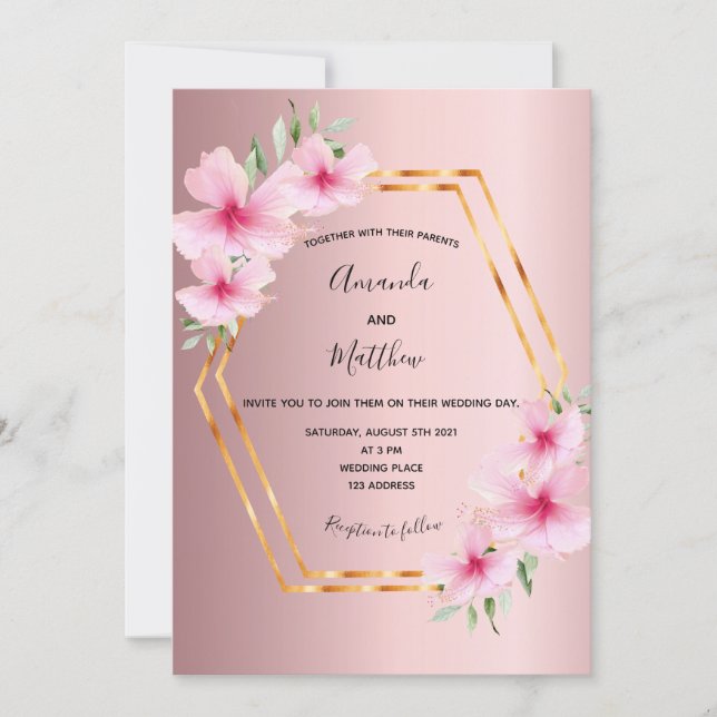 Pink florals gold geometric wedding invitation (Front)