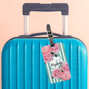 Pink florals green white stripes monogram luggage tag