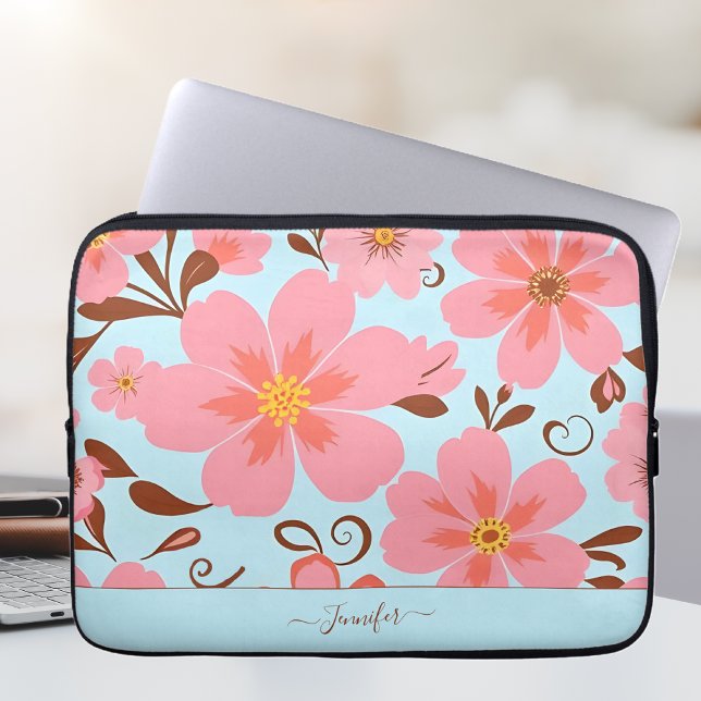 Pink Florals– Pastel Vibes-Retro Flowers Laptop Sleeve (Pink Floral Mood –Pastel Vibes-Laptop Sleeve-Personalize)