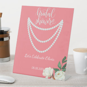 Pink florals pearls bridal shower welcome sign