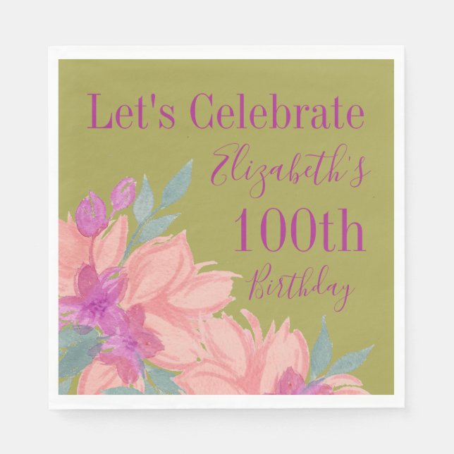 Pink Florals Personalised 100th Birthday Napkins (Front)
