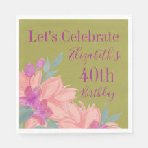 Pink Florals Personalised 40th Birthday Napkins