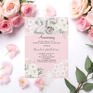Pink florals photo 25th wedding anniversary invitation