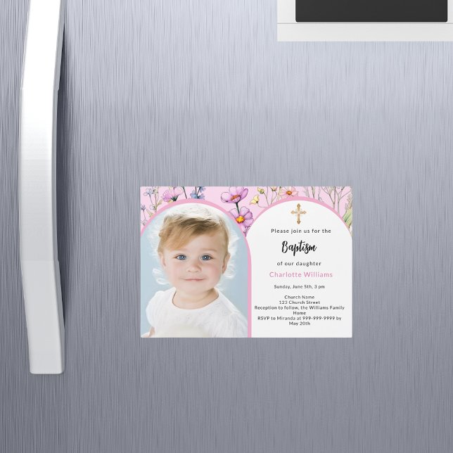 Pink florals photo arch girl cross Baptism Magnetic Invitation (Creator Uploaded)