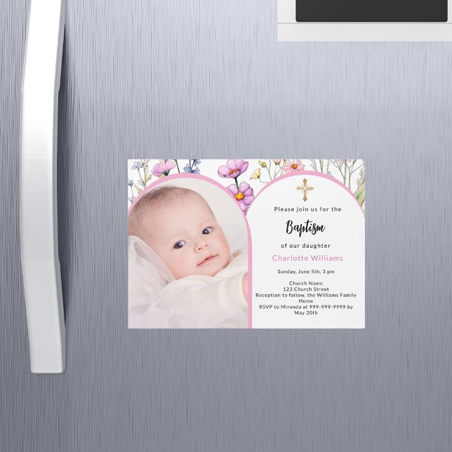 Pink florals photo arch girl cross Baptism Magnetic Invitation (Creator Uploaded)