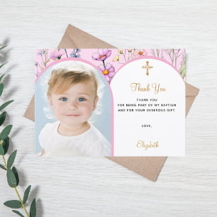 Pink florals photo arch girl cross Baptism Thank You Card