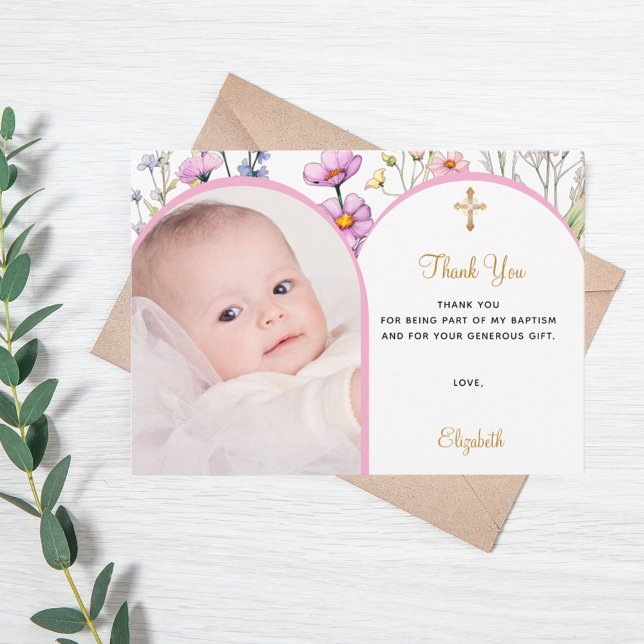 Pink florals photo arch girl cross Baptism Thank You Card (Creator Uploaded)