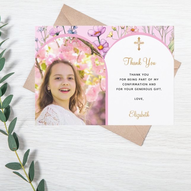 Pink florals photo arch girl cross Confirmation Thank You Card (Creator Uploaded)
