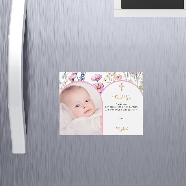 Pink florals photo Baptism Thank you magnet card  (Creator Uploaded)
