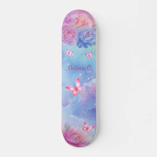 Pink Florals & Pink Butterflies Rainbow Clouds Skateboard (Front)