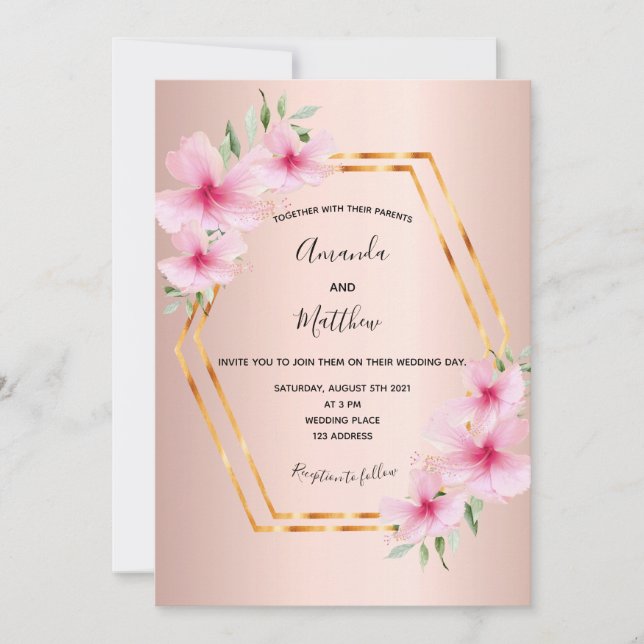 Pink florals rose gold geometric wedding invitation (Front)