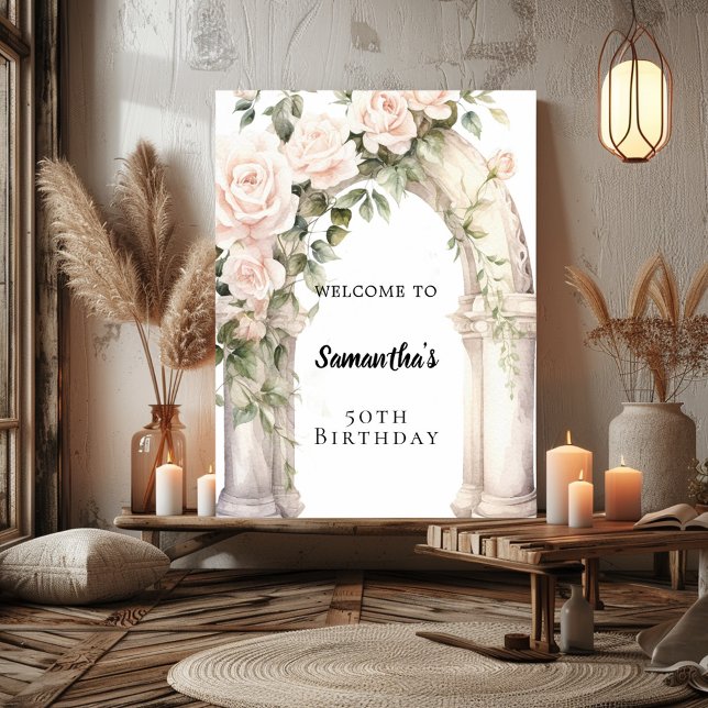 Pink florals roses arch birthday welcome poster (Creator Uploaded)